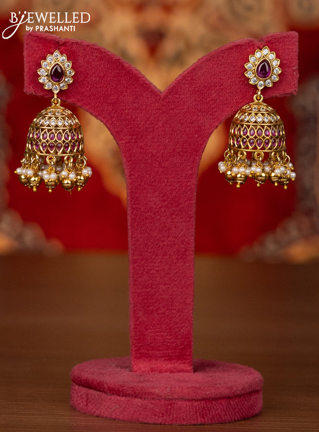Antique haram manga pattern with pink kemp & cz stones and pearl & golden beads hangings