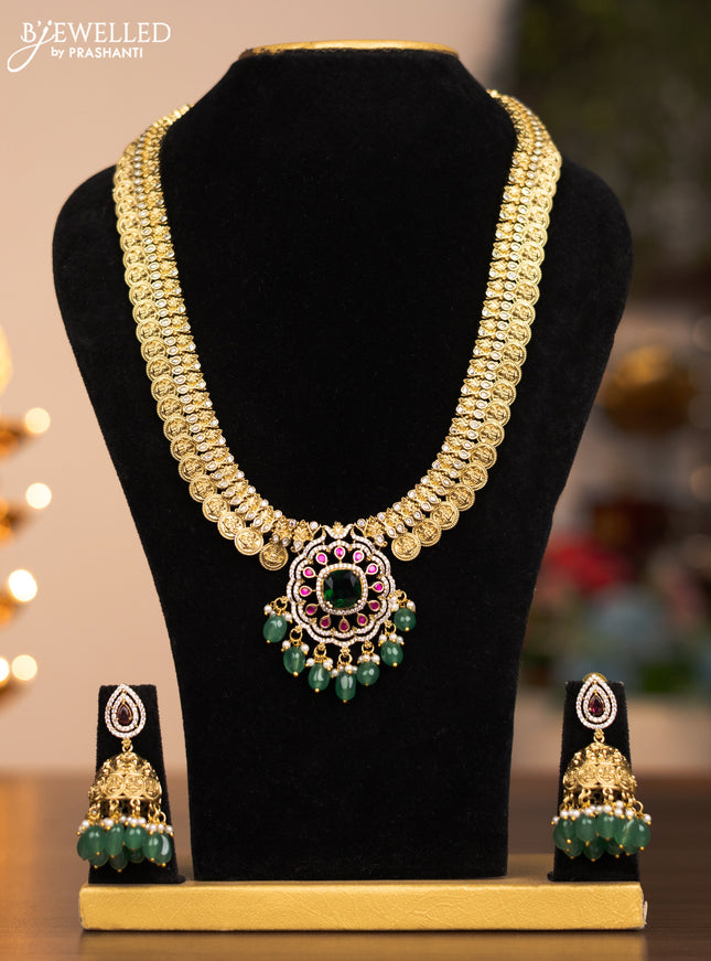 Antique haram lakshmi kasu mala design with ruby ,emerald and gold beads and pearl hangings