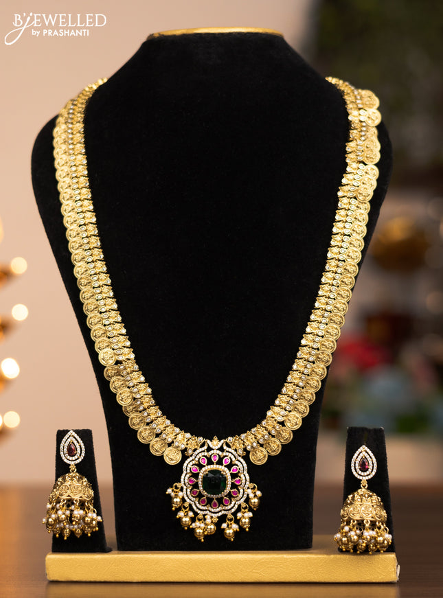 Antique haram lakshmi kasu mala design with ruby ,emerald and green beads and pearl hangings