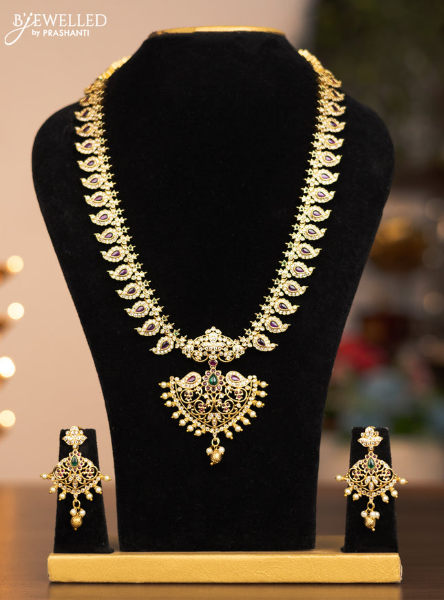 Antique haram maanga design with ruby ,cz stones & gold beads and pearl hangings