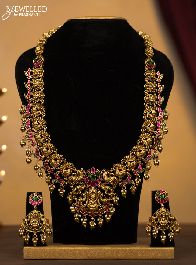 Antique Jadau haram lakshmi & peacock design with jadau kundan stones and gold beads & pearl hangings