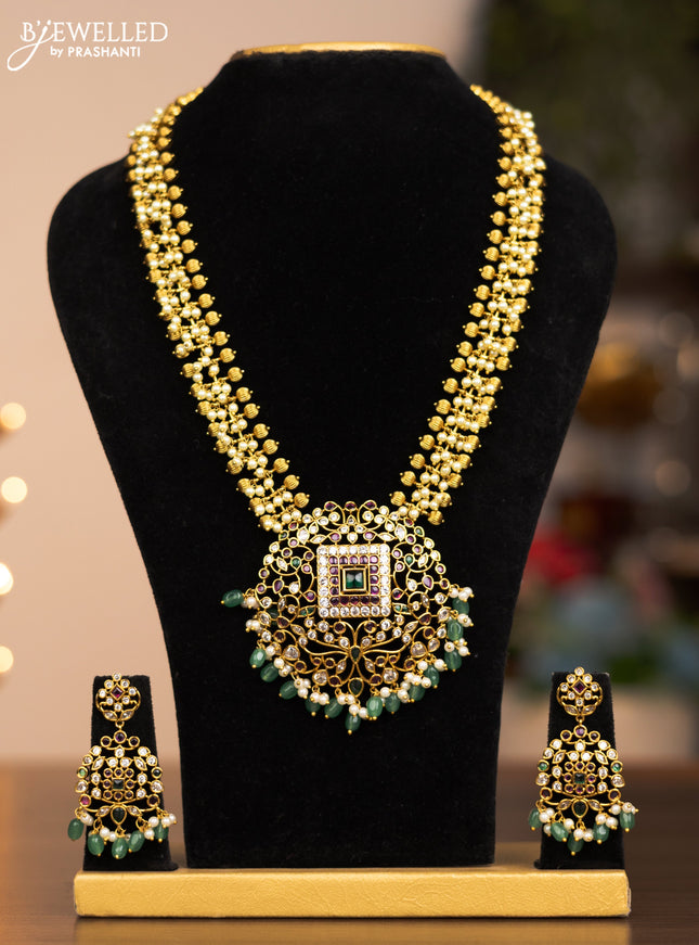 Antique haram with ruby ,cz ,emerlad stones and gold beads and pearl hangings