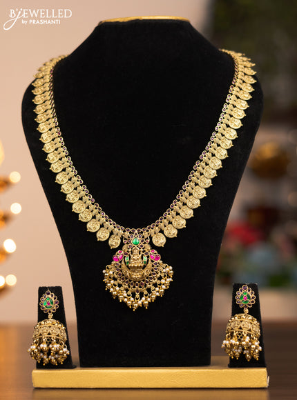 Antique haram lakshmi kaasu mala design with jadau kundan and kemp stones and gold beads and pearl hangings