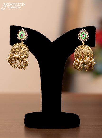 Antique haram lakshmi kaasu mala design with jadau kundan and kemp stones and gold beads and pearl hangings