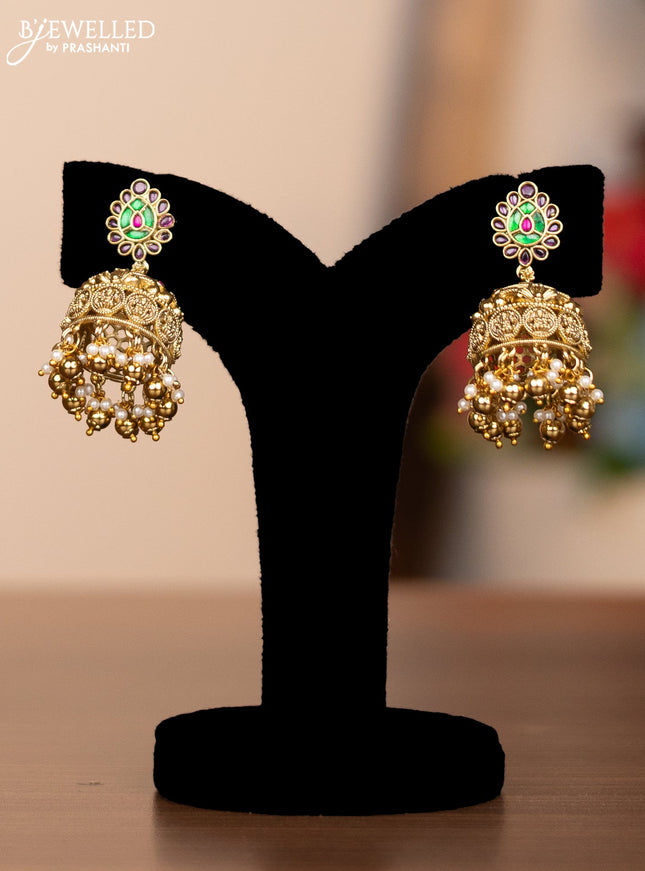 Antique haram lakshmi kaasu mala design with jadau kundan and kemp stones and gold beads and pearl hangings