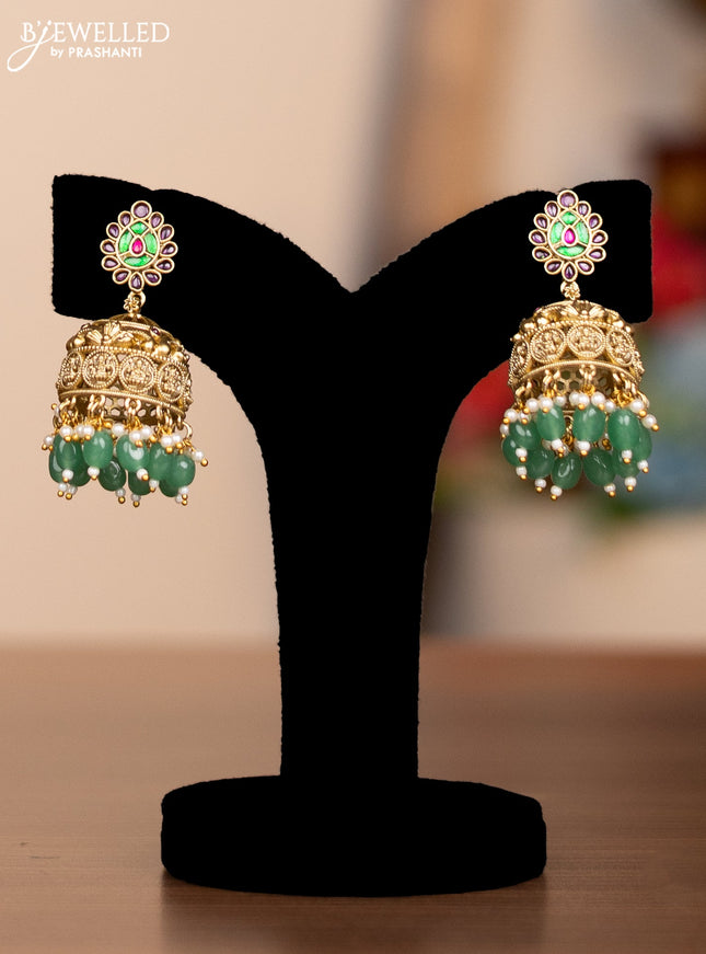 Antique haram lakshmi kaasu mala design with jadau kundan and kemp stones and green beads and pearl hangings