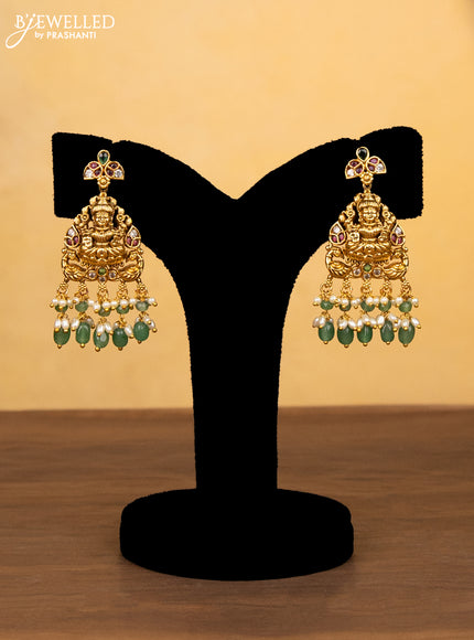 Antique haram kakshmi kasu design with kemp & cz stones and pearl & green beads hanging