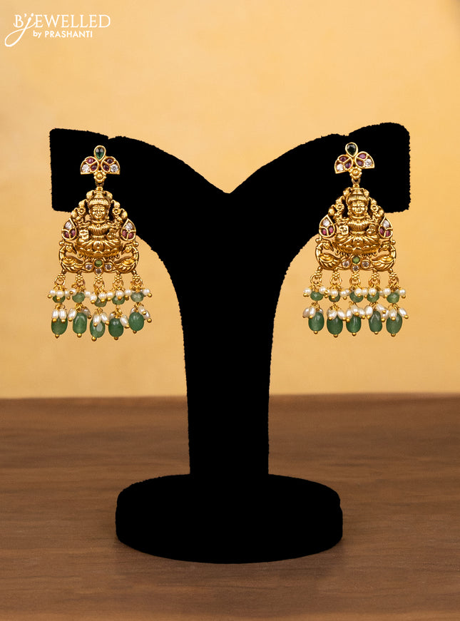 Antique haram kakshmi kasu design with kemp & cz stones and pearl & green beads hanging