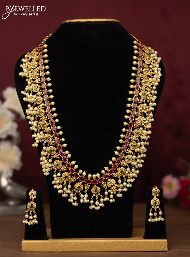 Antique guttapusalu haram with ruby & emerlad and cz stones with pearl hangings