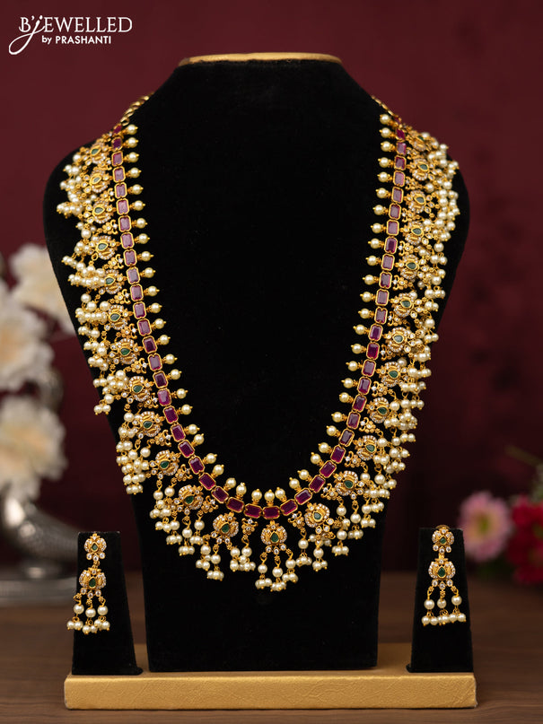 Antique guttapusalu haram with ruby & emerlad and cz stones with pearl hangings
