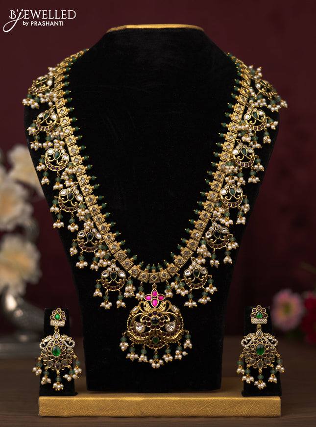 Antique guttapusalu haram with ruby & emerlad and cz stones with pearl hangings