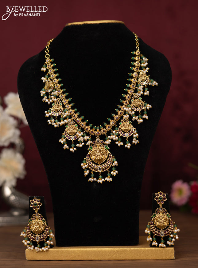 Antique guttapusalu haram lakshmi design with ruby & emerlad and cz stones with pearl hangings