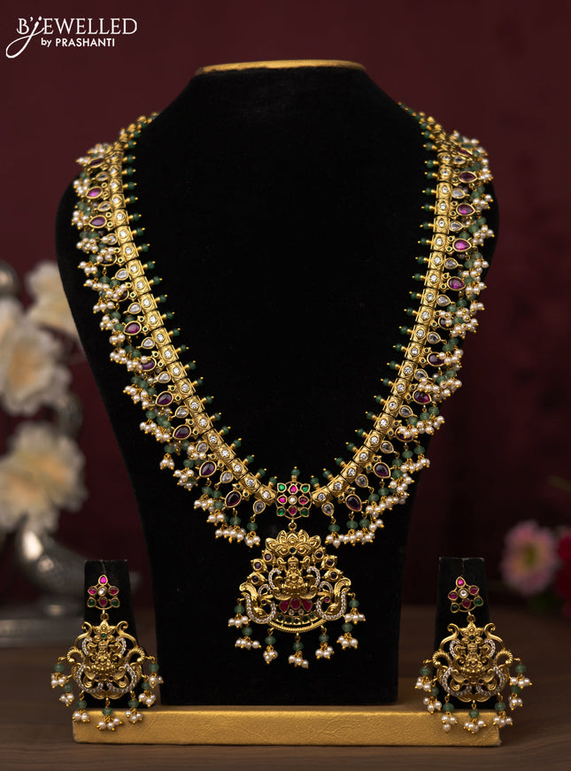 Antique guttapusalu haram lakshmi design with jadau kundan stones ruby & emerlad and cz stones with pearl hangings