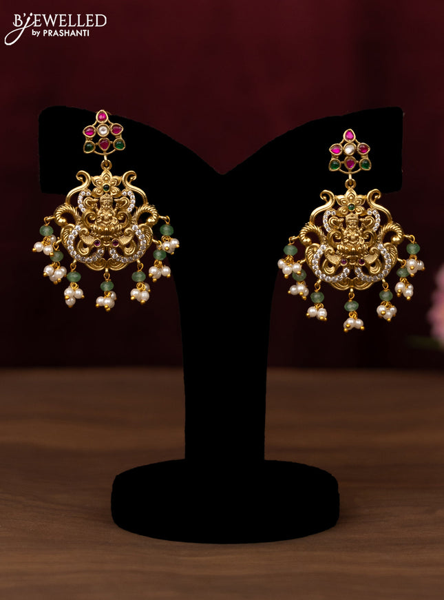 Antique guttapusalu haram lakshmi design with jadau kundan stones ruby & emerlad and cz stones with pearl hangings