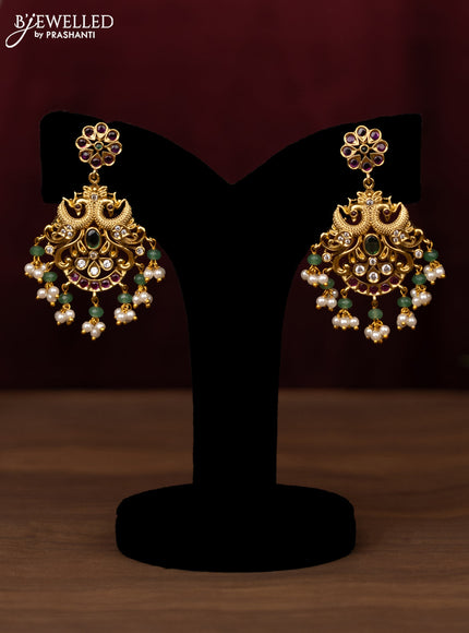 Antique guttapusalu haram double peacock design with ruby & emerlad and cz stones with pearl hangings