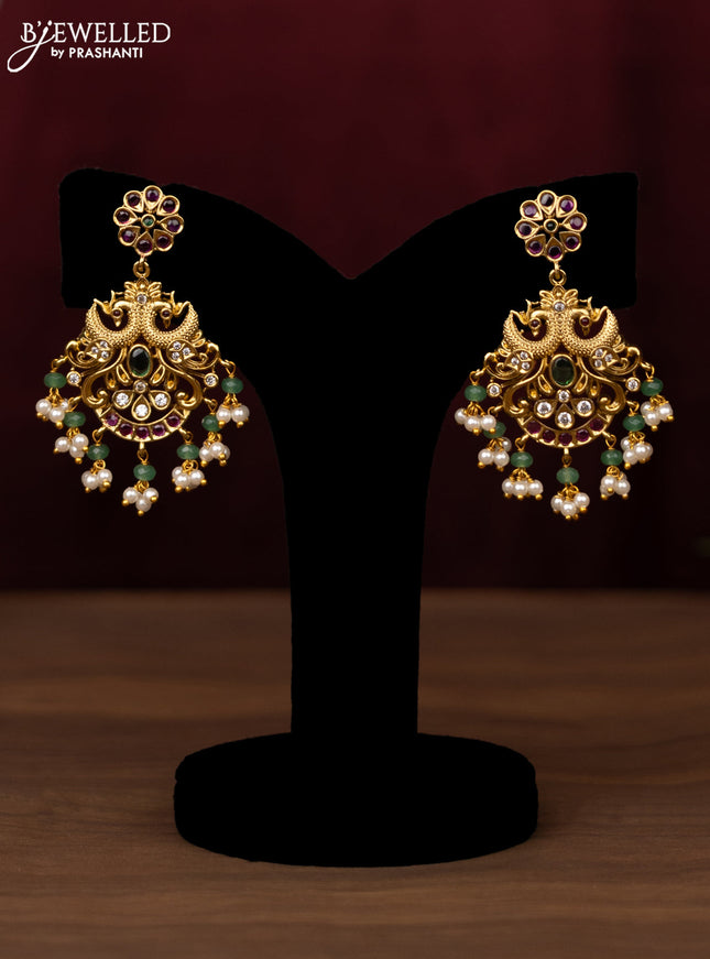 Antique guttapusalu haram double peacock design with ruby & emerlad and cz stones with pearl hangings