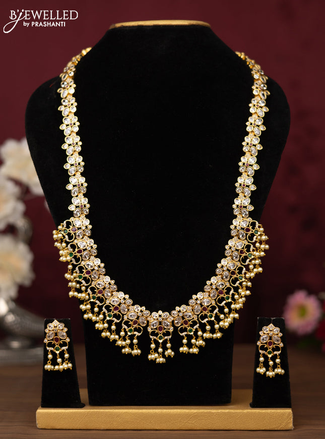 Antique guttapusalu haram floral design with ruby & emerlad and cz stones with pearl hangings