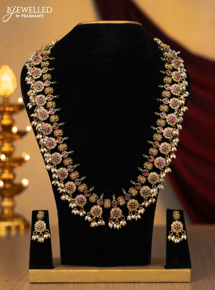 Jadau Haram floral and lakshmi design with jadau kundan stones and rice pearl hanging