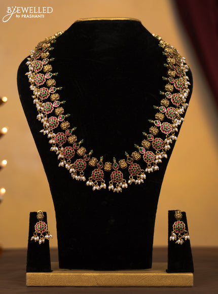 Jadau Haram floral and lakshmi design with jadau stones and rice pearl hanging