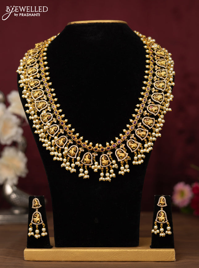 Antique guttapusalu haram peacock design with kemp & cz stones and pearl hangings