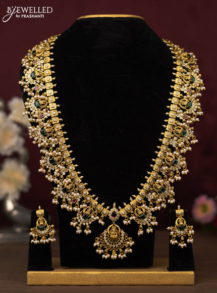 Antique guttapusalu haram lakshmi design with kemp & cz stones and pearl hangings