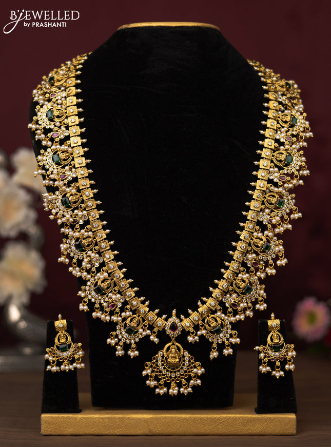 Antique guttapusalu haram lakshmi design with kemp & cz stones and pearl hangings