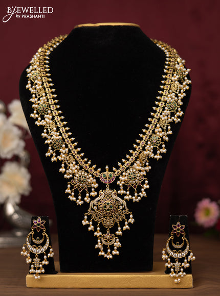 Antique guttapusalu haram peacock design with kemp & cz stones and pearl hangings