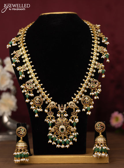 Antique guttapusalu haram peacock design with kemp & cz stones and pearl & green beads hanging