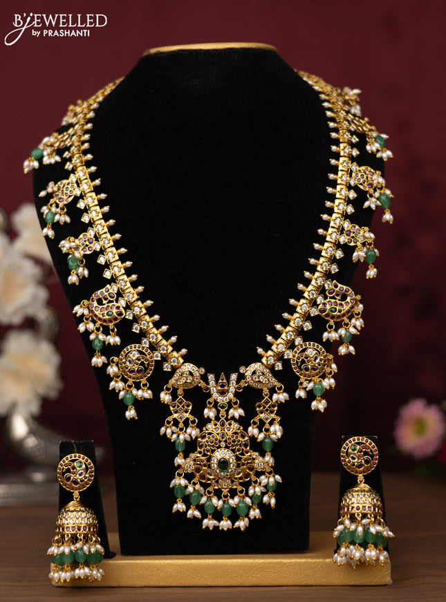 Antique guttapusalu haram peacock design with kemp & cz stones and pearl & green beads hanging