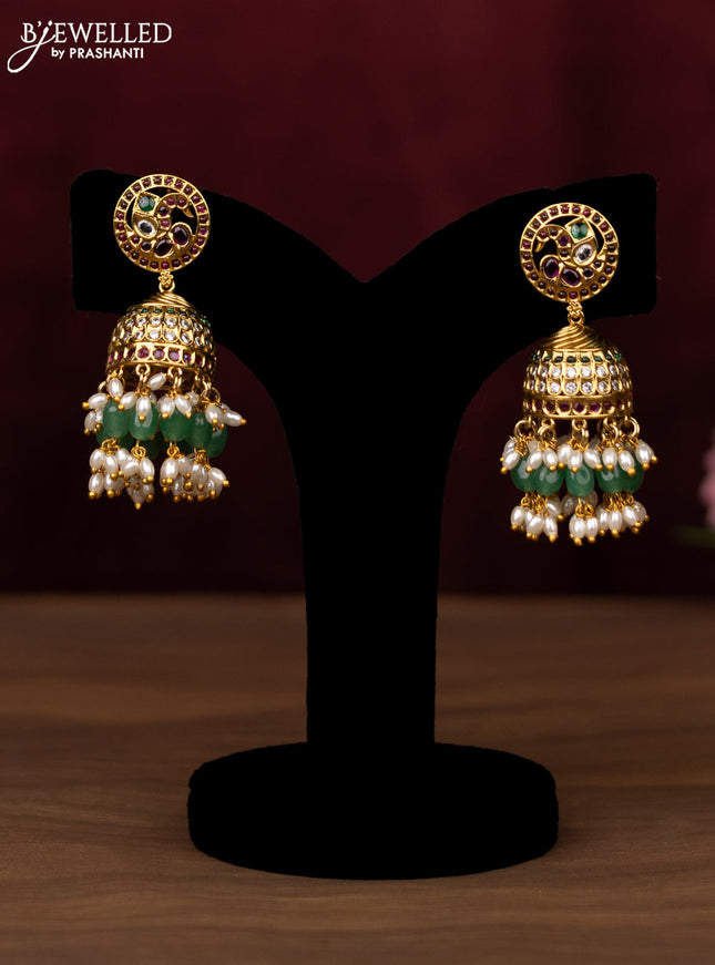 Antique guttapusalu haram peacock design with kemp & cz stones and pearl & green beads hanging