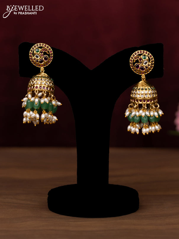 Antique guttapusalu haram peacock design with kemp & cz stones and pearl & green beads hanging