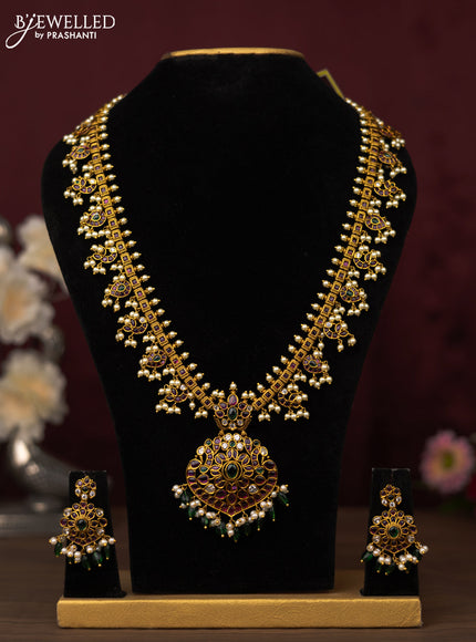Antique guttapusalu haram with kemp & cz stones and pearl & green beads hanging