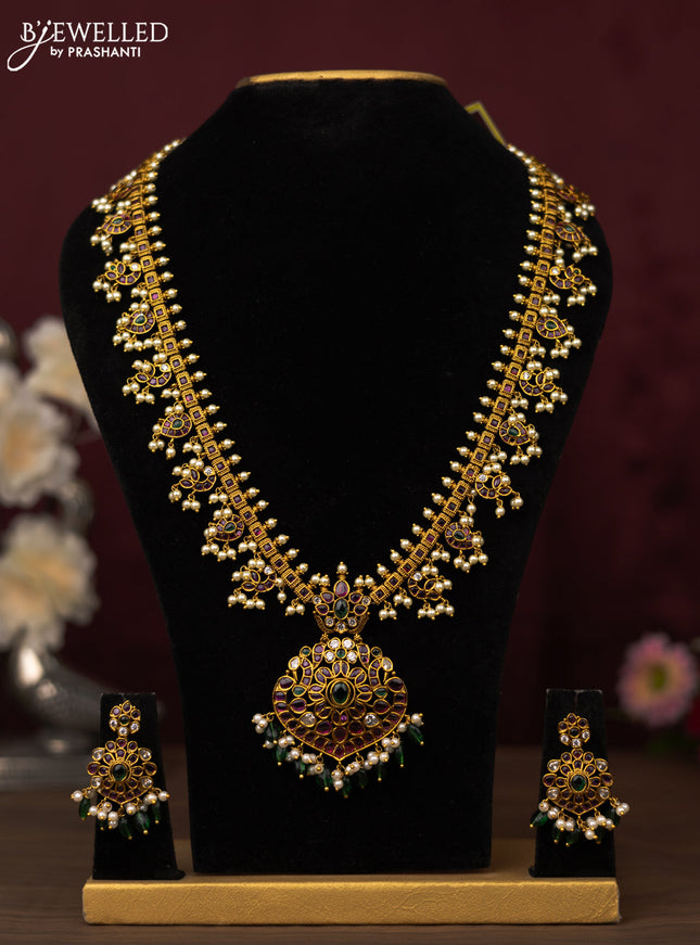 Antique guttapusalu haram with kemp & cz stones and pearl & green beads hanging
