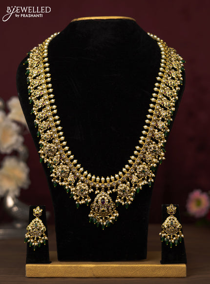 Antique guttapusalu haram peacock design with kemp & cz stones and pearl & green beads hanging