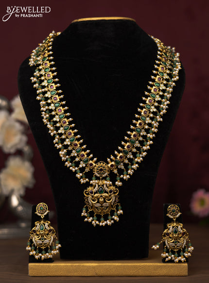 Antique guttapusalu haram with kemp & cz stones and pearl & green beads hanging