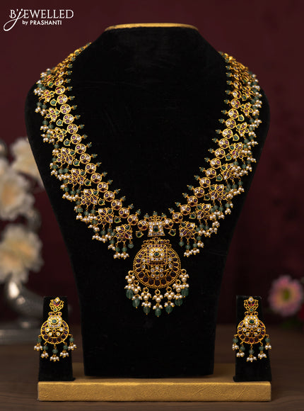 Antique guttapusalu haram with kemp & cz stones and pearl & green beads hanging