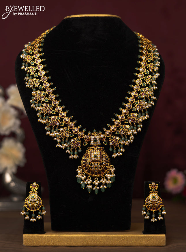 Antique guttapusalu haram with kemp & cz stones and pearl & green beads hanging
