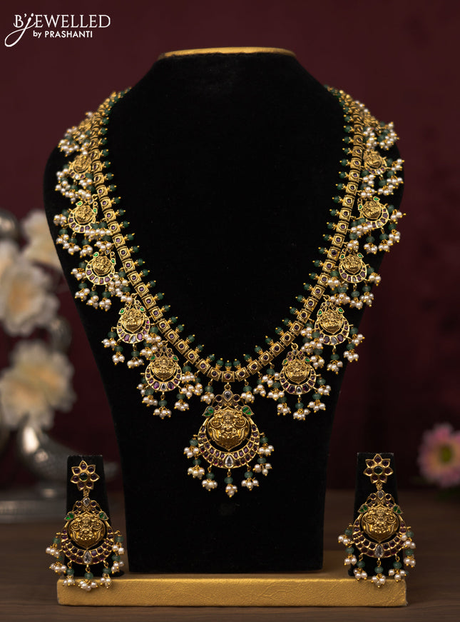 Antique guttapusalu haram lakshmi & chandbali design with kemp & cz stones and pearl hangings