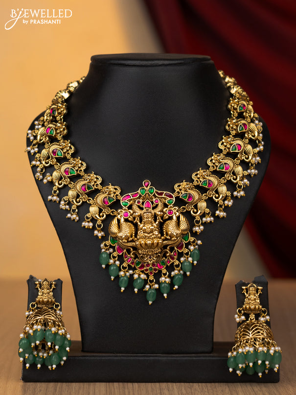 Antique necklace lakshmi design with jadau stones and pearl & mint green beads hanging