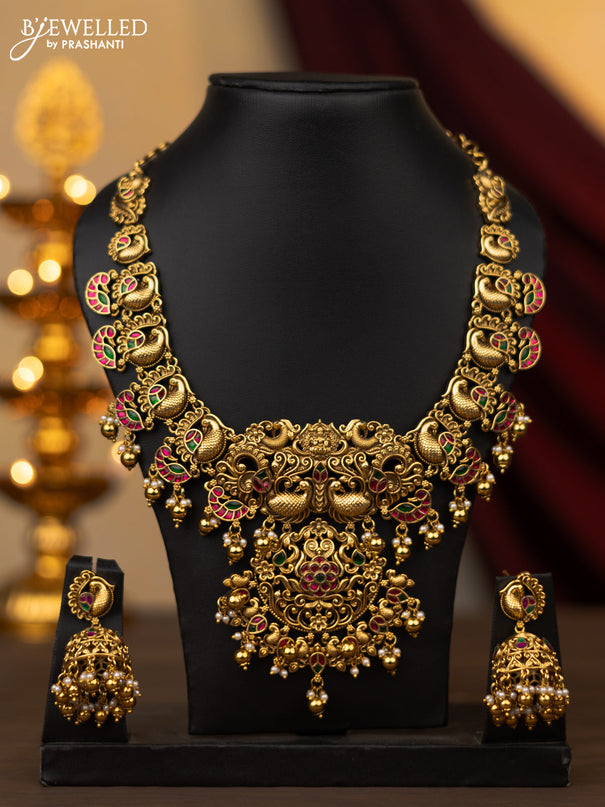 Antique necklace peacock design with jadau stones and pearl & golden beads hanging
