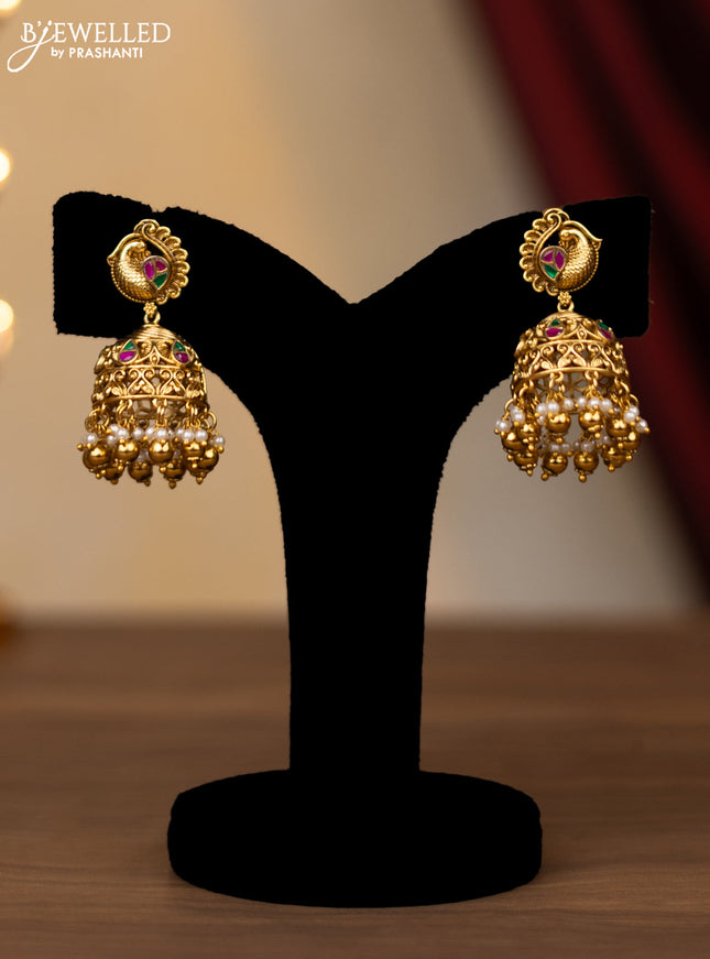 Antique necklace peacock design with jadau stones and pearl & golden beads hanging