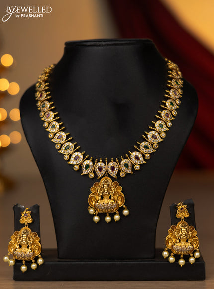 Antique necklace lakshmi & manga design with kemp & cz stones and pearl hangings