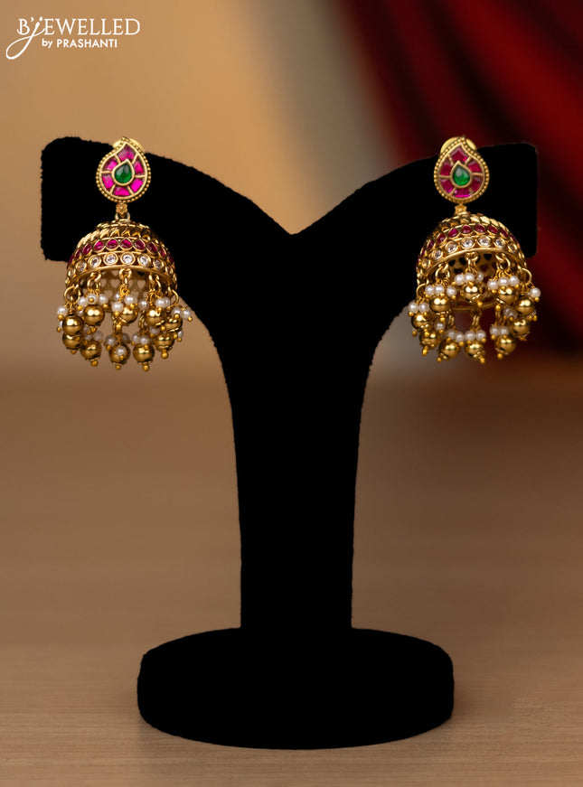 Jadau necklace lakshmi kasu design with jadau kundan stones and pearl & golden beads hanging