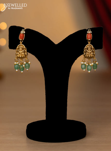 Antique necklace lakshmi design with kemp & cz stones and pearl & mint green beads hanging