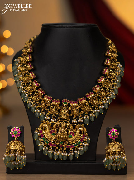 Jadau necklace lakshmi design with jadau stones and pearl & mint green beads hanging