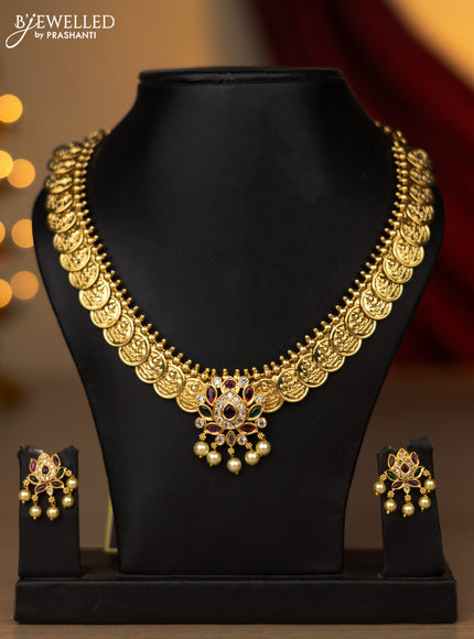 Antique necklace lakshmi kasu & lotus design with kemp & cz stones and pearl hangings