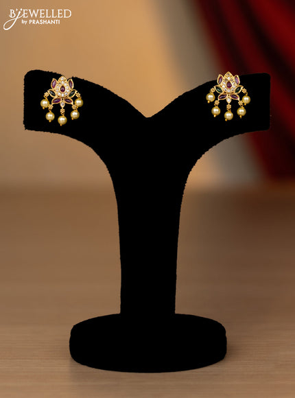 Antique necklace lakshmi kasu & lotus design with kemp & cz stones and pearl hangings