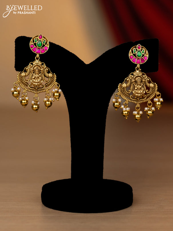 Antique necklace lakshmi & peacock design with jadau stones and pearl & golden beads hanging