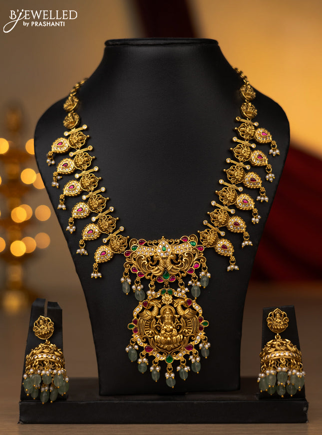 Antique necklace lakshmi manga design with jadau cz stones and pearl & mint green beads hanging