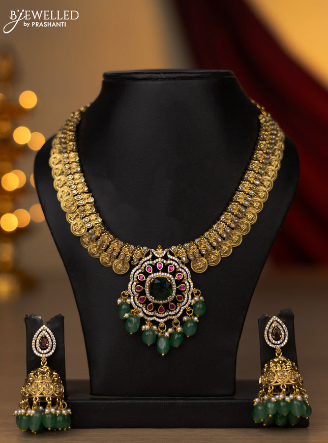 Antique necklace lakshmi kasu design with kemp & cz stones and pearl & green beads hanging